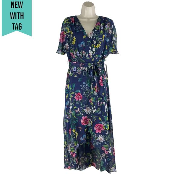 Eliza J Floral Printed Faux Wrap Midi Dress Hi Lo Hem Tie Waist Size 6 - Picture 3 of 11